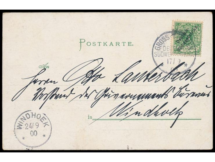 Litho-Ansichtskarte  "Ansichten von Nama-Land ...",  Frankatur 5 Pf., Stempel  Gross-Barmen  17.9.00, nach Windhoek, Ankunfts