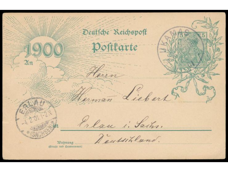 Stempel  Ukamas  1.1.01 auf  Jahrhundertfeier-Ganzsache  5 Pf. Germania nach Deutschland, Ankunft Erlau (Sachsen) 4.2.01, rüc