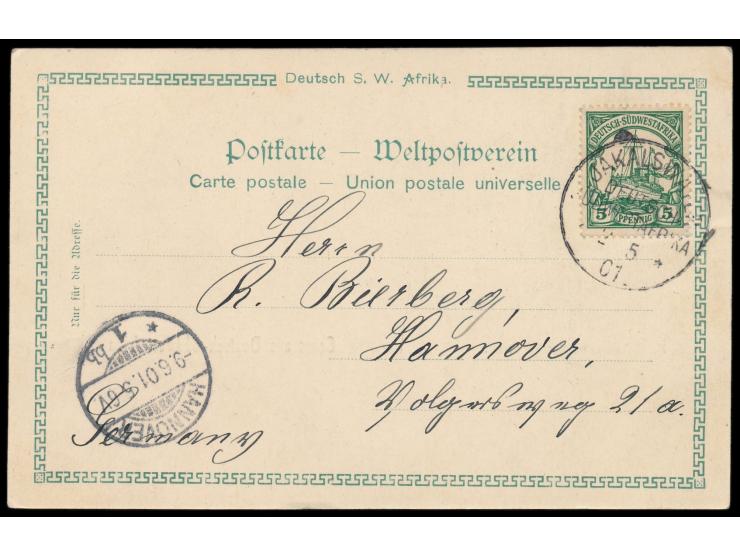 Stempel &nbsp;Jakalswater &nbsp;2.5.01 auf Ansichtskarte &nbsp;Feldbahnstation Swakopmund, &nbsp;geschrieben &quot;Farm Ralle