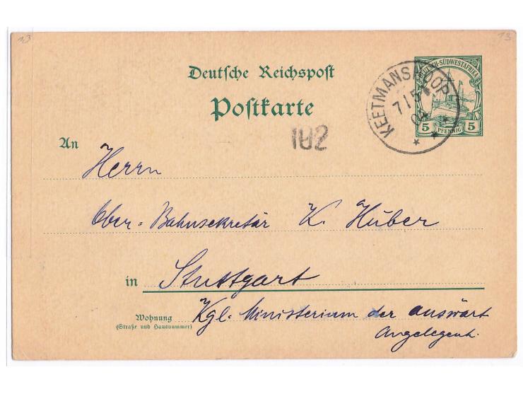 Ganzsache 5 Pf. mit Stempel  Keetmanshoop  7.5.04 (mit Dorn hinter Monatszahl) nach Stuttgart, interessanter Text über den Ka