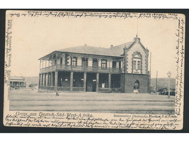 Ansichtskarte  Bahnstation Okahandja,  Verlag B. Szymanski, Windhuk, Frankatur 5 Pf. (leicht fleckig), Stempel  Windhuk  3.7.