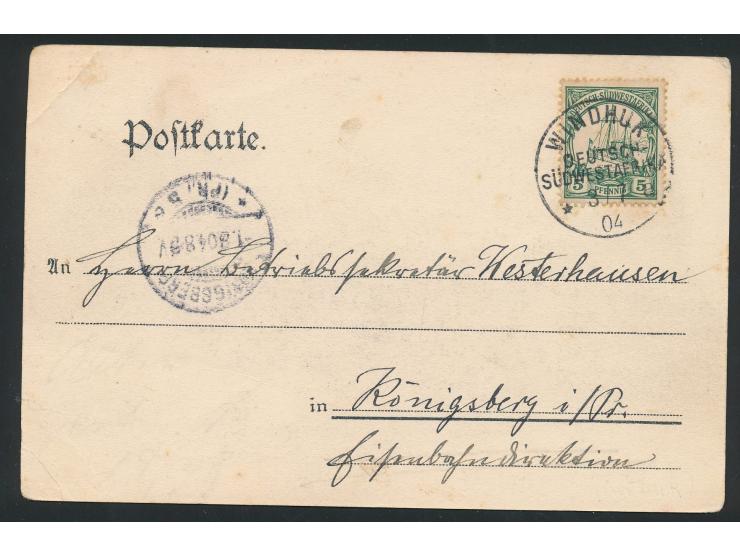 Ansichtskarte  Bahnstation Okahandja,  Verlag B. Szymanski, Windhuk, Frankatur 5 Pf. (leicht fleckig), Stempel  Windhuk  3.7.