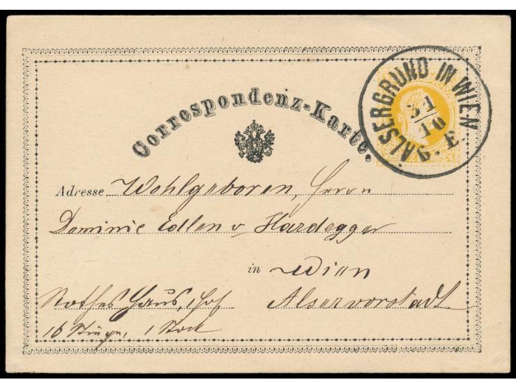 Ganzsache 2 Kr. gelb, rückseitig Datum-Vordruck rechts, Rahmentype II, großer Stempel Alsergrund in Wien  31.10.(1871),  sehr