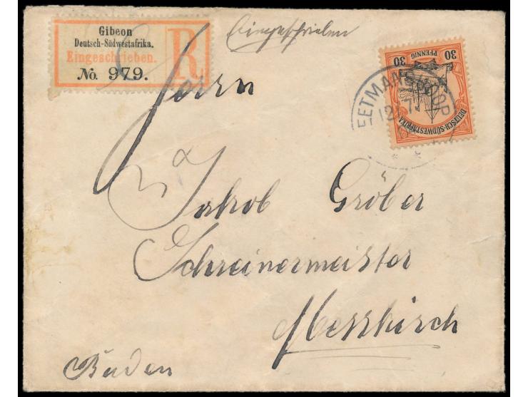 Einzelfrankatur 30 Pf. auf &nbsp;Einschreibbrief &nbsp;mit Stempel &nbsp;Keetmanshoop &nbsp;12.7.04 nach Messkirch, &nbsp;R-Z