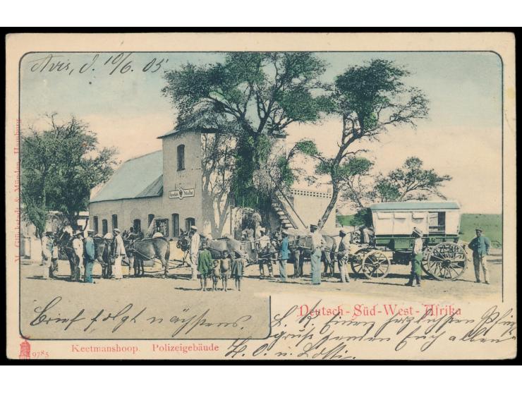 kolorierte Ansichtskarte  Keetmanshoop - Polizeigebäude,  Verlag M. Glückstadt &amp; Münden, Hamburg, Frankatur 5 Pf., Stempe