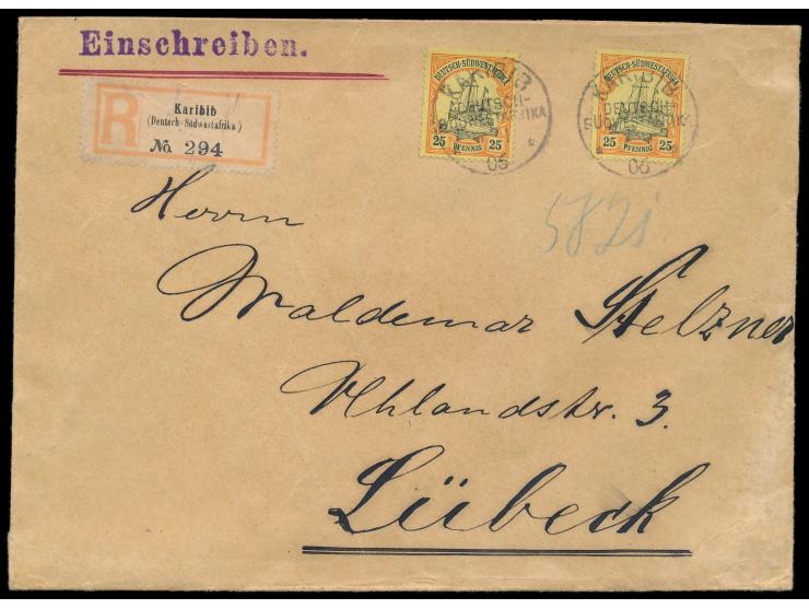 2 x 25 Pf. auf  Einschreibbrief  mit Stempel  Karibib  1.1.06 nach Lübeck, R-Zettel Einfeldt Nr. 4, rückseitig zwei Lacksiege