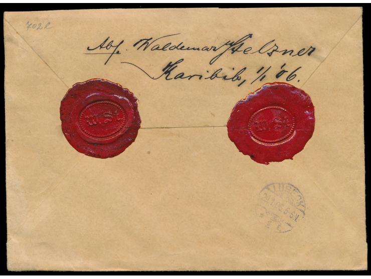 2 x 25 Pf. auf  Einschreibbrief  mit Stempel  Karibib  1.1.06 nach Lübeck, R-Zettel Einfeldt Nr. 4, rückseitig zwei Lacksiege