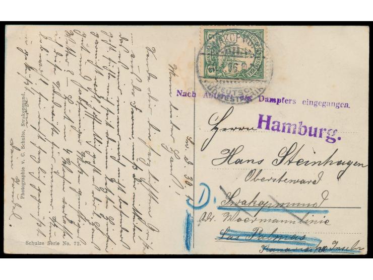 kolorierte Ansichtskarte Moltkestraße in Swakopmund mit Hotel Kaiserhof, Afrika-Bank und Stadtverwaltung,   Frankatur 5 Pf., 