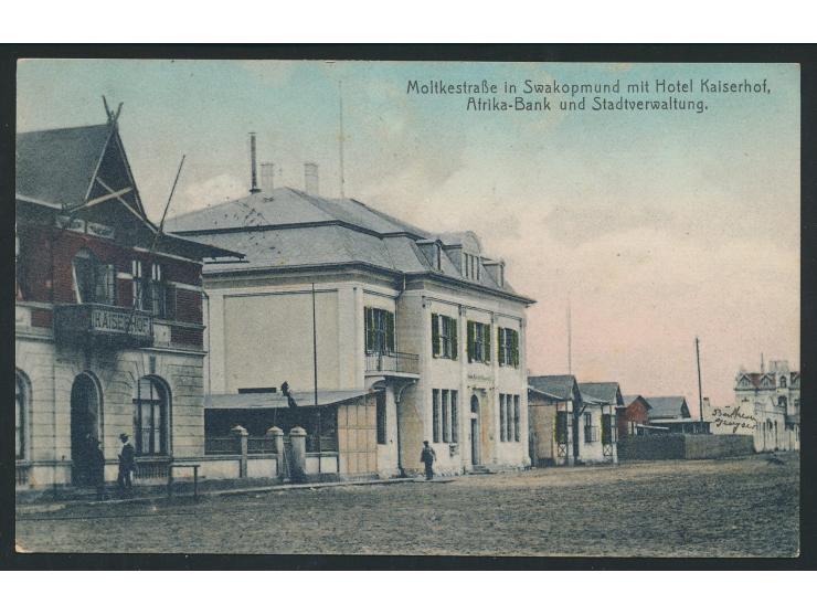 kolorierte Ansichtskarte Moltkestraße in Swakopmund mit Hotel Kaiserhof, Afrika-Bank und Stadtverwaltung,   Frankatur 5 Pf., 