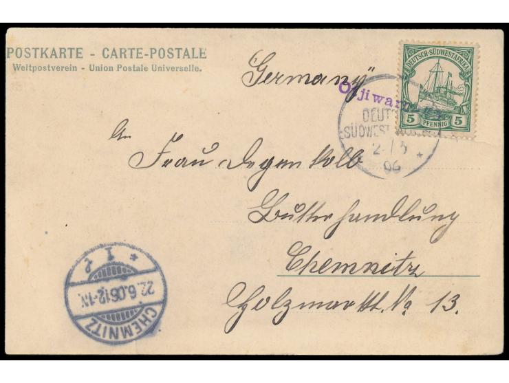 violetter Schreibmaschinenschrift-L1  Otjiwarongo  und  Wanderstempel  2.6.06 auf Ansichtskarte "Polizei-Posten" nach Chemnit