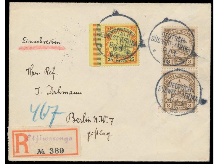 2 x 3 Pf. und 25 Pf. auf  Einschreibbrief   Otjiwarongo  mit  Wanderstempel  8.8.06, Blanko-R-Zettel mit violettem Schreibsch