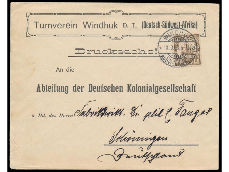 3 Pf. auf Umschlag mit vorderseitigem Absendereindruck  Turnverein Windhuk ...,  Gitterstempel  Windhuk a  10.10.06, Drucksac