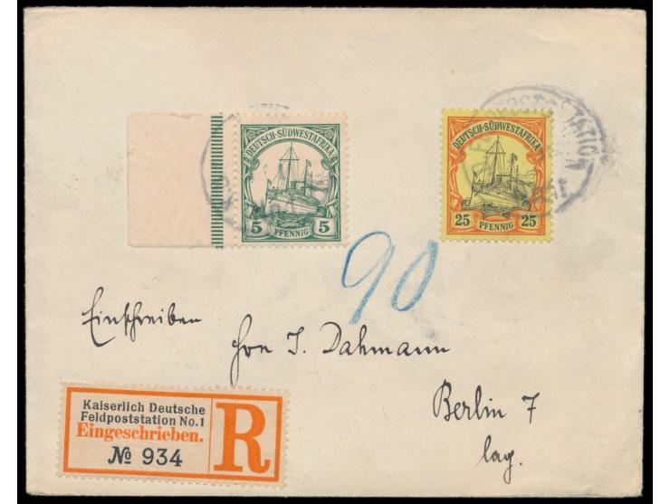 Stempel  K. D. Feldpoststation Nr. 1  ?.1.(1907), verwendet bei der  Postagentur Otjosondu,  zwei etwas unsaubere Abschläge a