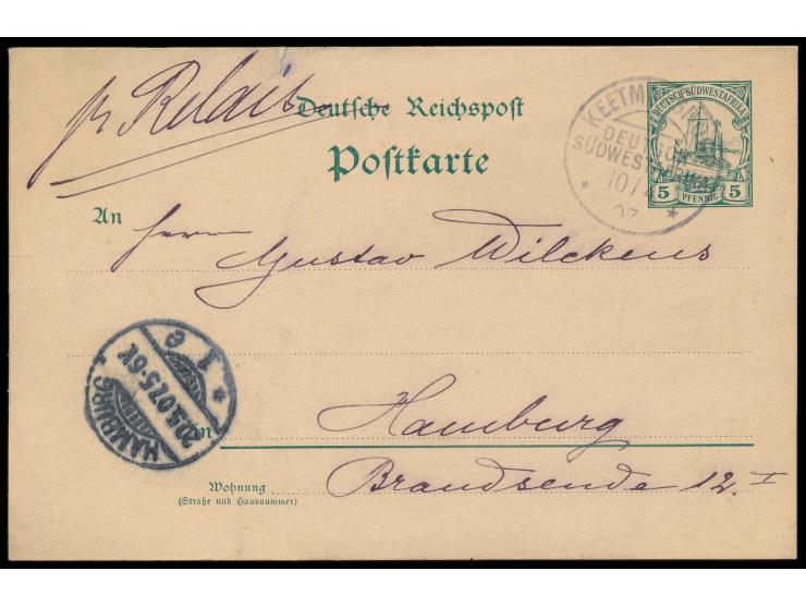 Stempel  Keetmanshoop  10.4.07 auf Ganzsache 5 Pf. nach Hamburg, handschriftlicher Vermerk  "pr. Relais"  des Absenders, Anku