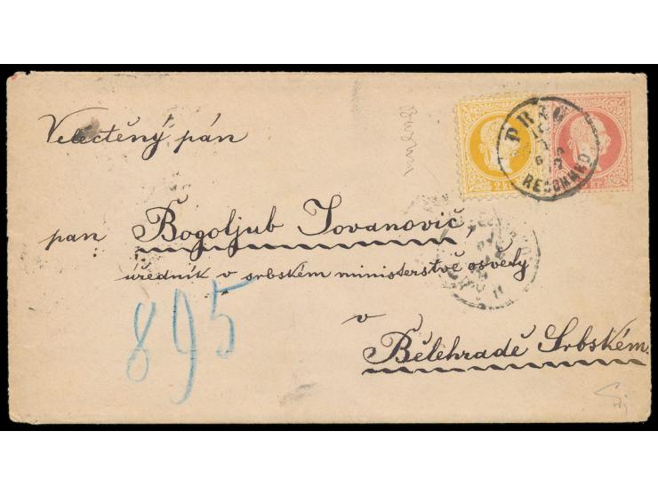 Ausgabe 1867, Ganzsachen-Umschlag 5 Kr., rechts unauffälliger Riss bis zum Wertstempel, Zusatzfrankatur 2 und 10 Kr., leichte