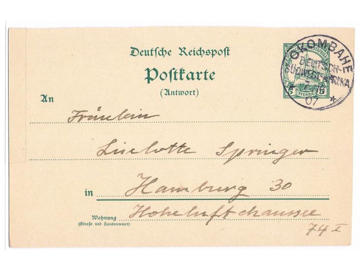 Stempel  Okombahe  7.10.07 auf Ganzsachen-Antwortteil 5 Pf. nach Hamburg, Bedarf
