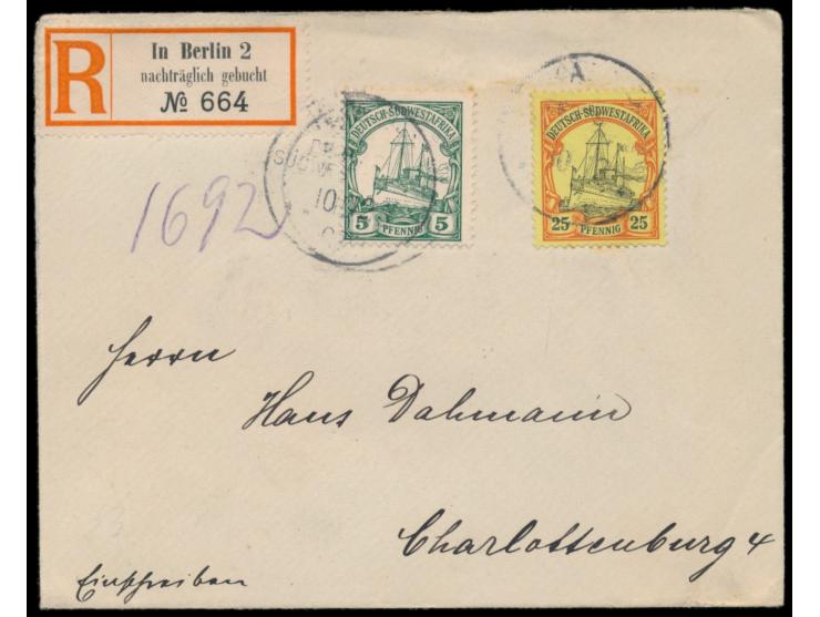 5 Pf. und 25 Pf. auf Brief mit Stempel 10.12.07 (Ort unleserlich!) an Dahmann in Charlottenburg, als Einschreiben vorgesehen,