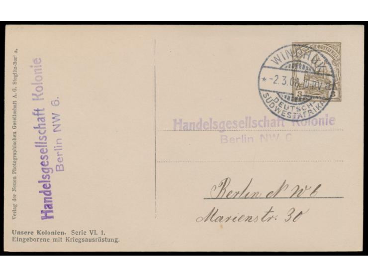 Privatganzsache  3 Pf., Bild "Eingeborene in Kriegsausrüstung", Frech PP 4 E 1, Stempel  Windhuk a  2.3.08, nach Berlin
Stich