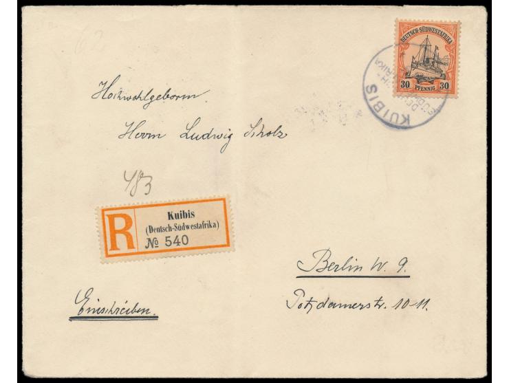 Einzelfrankatur 30 Pf. (Einriss) auf &nbsp;Einschreibbrief &nbsp;mit Stempel &nbsp;Kuibis &nbsp;9.9.08 nach Berlin, R-Zettel 