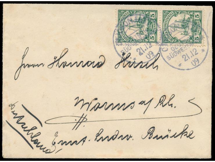 2 x Stempel  Otjosonjati  21.12.09 auf Brief mit 2 x 5 Pf. nach Worms, rückseitig fehlt ein kleiner Teil der Briefklappe, Bed