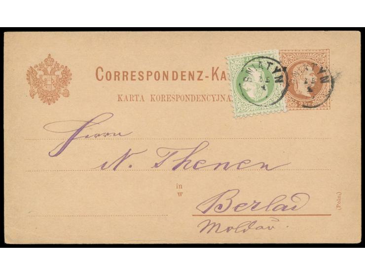 Ganzsache 2 Kr. (Poln.) mit Zusatzfrankatur 3 Kr. als Auslandskarte  nach Rumänien,  hebräischer Text, Stempel  Sniatyn  25.1