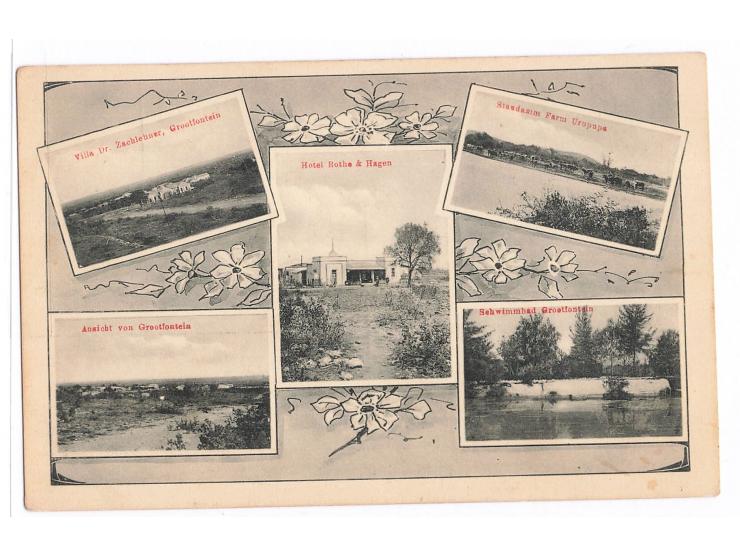 Fünfbild-Ansichtskarte  Grootfontein:  Ansicht von Grootfontein / Villa Dr. Zachlehner / Hotel Rothe &amp; Hagen / Staudamm /