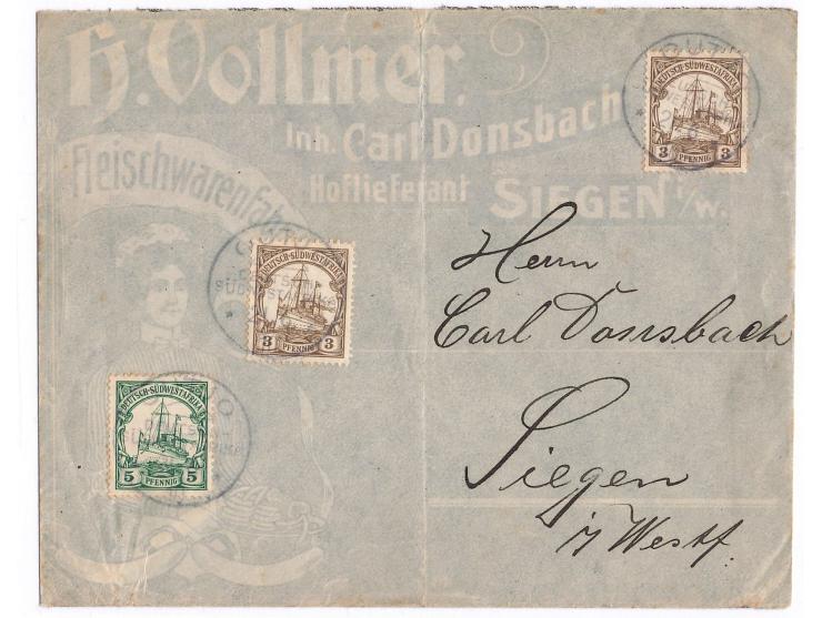 Stempel  Outjo  21.6.10 auf  Reklameumschlag  "H. Vollmer, Fleischwarenfabrik, Siegen i. W.", Frankatur 2 x 3 Pf. und 5 Pf., 