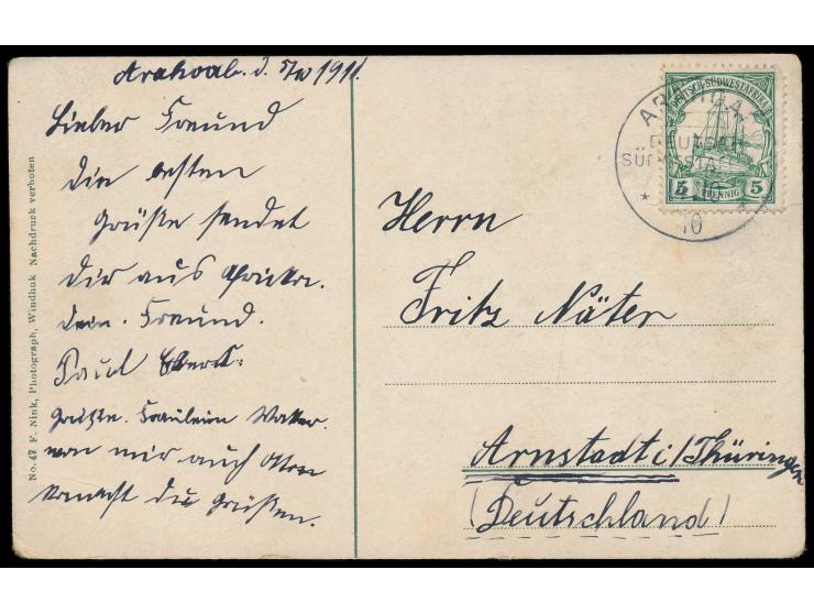 Stempel  Arahoab  14.10.10 auf Ansichtskarte "Tanz von Eingeborenen" nach Deutschland, Frankatur 5 Pf. (kleiner Eckfehler rec