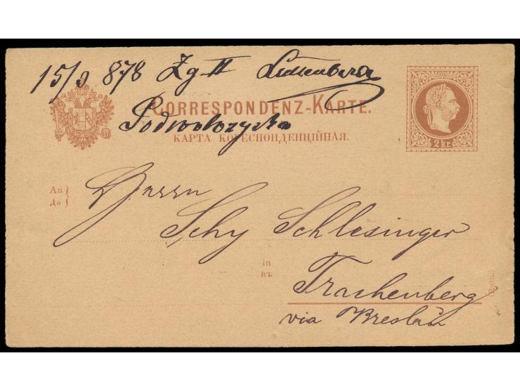 Ganzsache 2 Kr. (Ruth.) braun, geschrieben in Podwoloczyska, handschriftliche  Bahnpost-Aufgabe "15.3. 878 Zg II ... Podwoloc