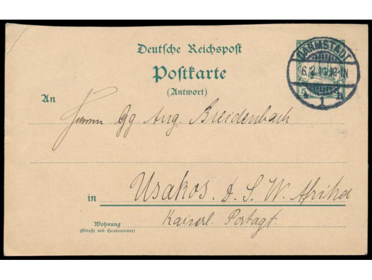 Ganzsachen-Antwortteil  5 Pf. mit Stempel  Darmstadt  6.2.11 nach Usakos zurück, langer Bedarfstext, MiPr. -.-
Postleitzahl: 