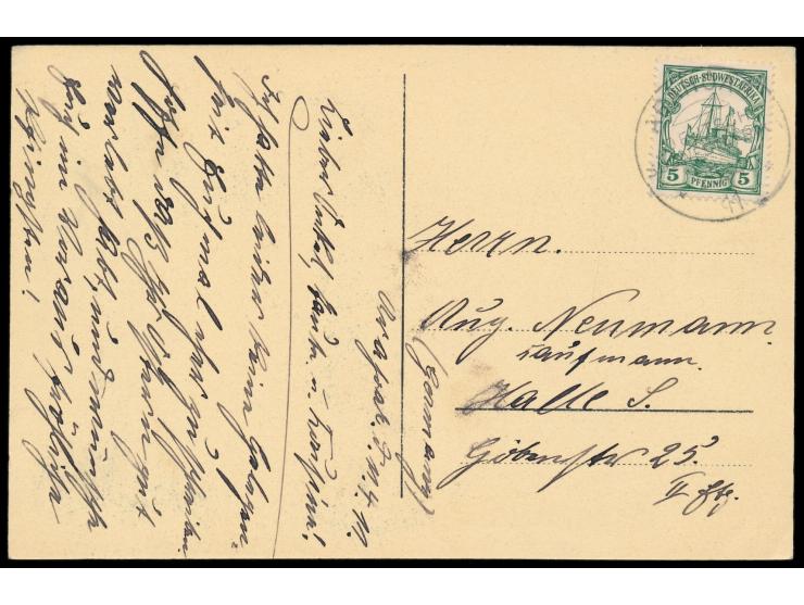 Stempel  Arahoab  25.4.11 auf Zweibild-Ansichtskarte  Arahoab / Brunnenanlage,  Frankatur 5 Pf., nach Halle, Bedarf
