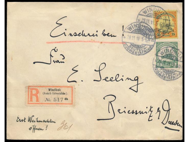 5 Pf. und 25 Pf. auf  Einschreibbrief  mit Gitterstempel  Windhuk a  28.11.11 nach Deutschland,  R-Zettel mit Ub a,  Einfeldt