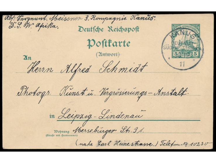 Stempel  Kanus  30.12.11 auf Ganzsachen-Antwortteil 5 Pf. nach Leipzig, vorderseitig  handschriftlicher Absender "... 3. Komp