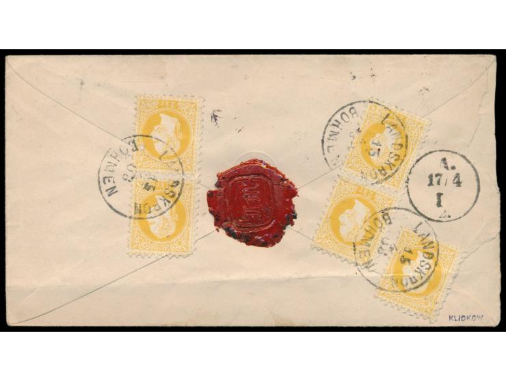 Ausgabe 1867:  Ganzsachenumschlag 5 Kr. mit rückseitig 5 x 2 Kr. (eine Marke kleiner Eckfehler und eine weitere Marke mit Bug