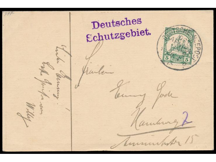 Stempel Deutsche Seepost  Ost-Afrika-Linie q  26.4.13,  Dampfer Feldmarschall,  an diesem Tag  in Swakopmund,  violetter L2  