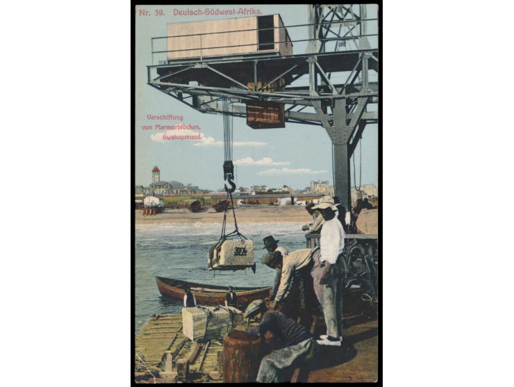 mehrfarbige Ansichtskarte  "Verschiffung von Marmorblöcken, Swakopmund" , Verlag J. C. Hubrich, Frankatur 5 Pf., Stempel  Kol