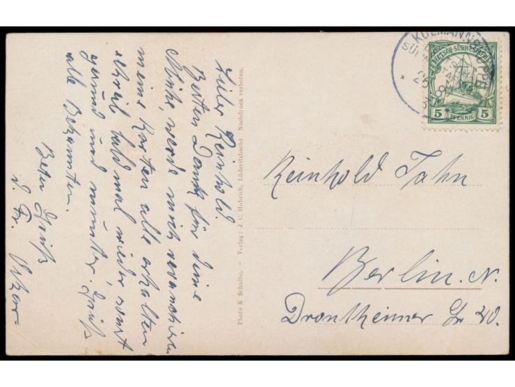 mehrfarbige Ansichtskarte  "Verschiffung von Marmorblöcken, Swakopmund" , Verlag J. C. Hubrich, Frankatur 5 Pf., Stempel  Kol