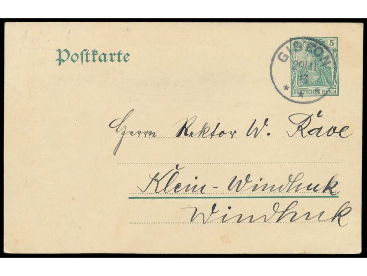 Mitläufer-Ganzsache  Dt. Reich 5 Pf. mit Stempel  Gibeon  29.11.13 nach Klein-Windhuk, langer Bedarfstext
Stichwort: Deutsche
