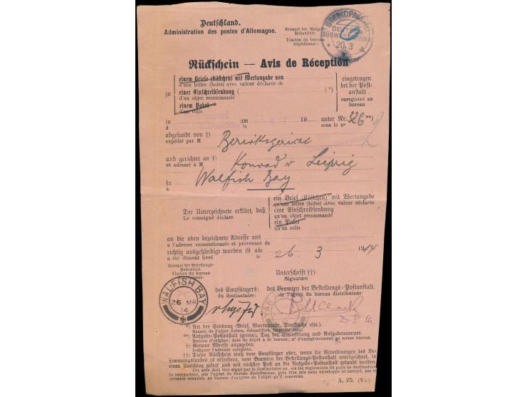 Rückschein  mit Form-Nr. "A.25. (Vc.)" mit schwachem Formularstempel Swakopmund / (Deutsch-Südwestafrika) und Aufgabestempel 