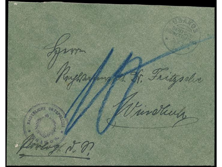 Stempel  Usakos  30.3.14 und Dienstsiegel  Kaiserliche Ortspolizei Usakos  auf unfrankiertem Brief "Portopflichtige Dienstsac