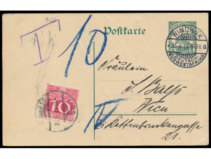 Ganzsache 5 Pf. aus Seeis mit Stempel  Windhuk a  23.7.14 nach Wien, unterfrankiert (Auslandsporto nach Österreich), wegen Kr