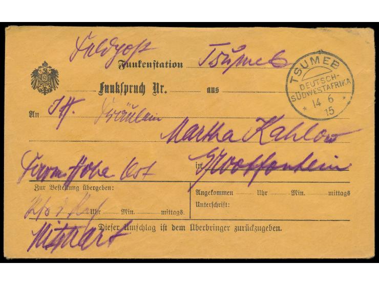 Stempel  Tsumeb  14.6.15 auf  Funkspruch-Umschlag  der Funkenstation Tsumeb nach Grootfontein, vorderseitig Absenderangabe  "