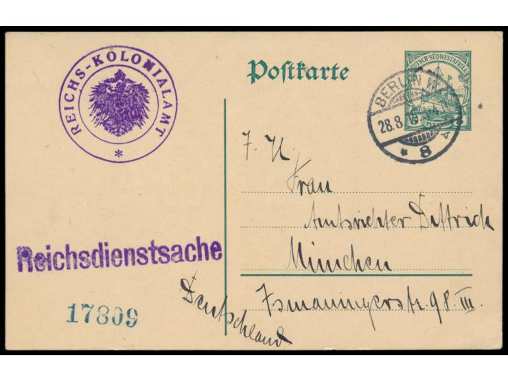 DSWA-Ganzsache 5 Pf. aus DSWA nach München (rückseitig ohne Ortsangabe), befördert als Diplomatenpost nach Deutschland, Stemp