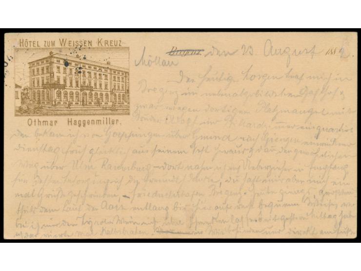 Österreich-Ganzsache 2 Kr. mit Sprachvermerk "ital." (Ausgabe 1876) mit rückseitigem  Bildzudruck "Bregenz - Hôtel zum Weisse