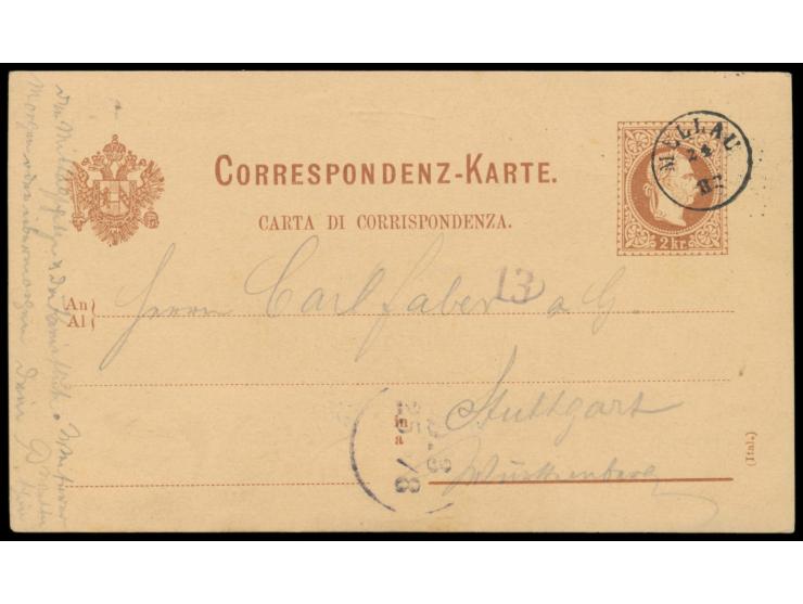 Österreich-Ganzsache 2 Kr. mit Sprachvermerk "ital." (Ausgabe 1876) mit rückseitigem  Bildzudruck "Bregenz - Hôtel zum Weisse