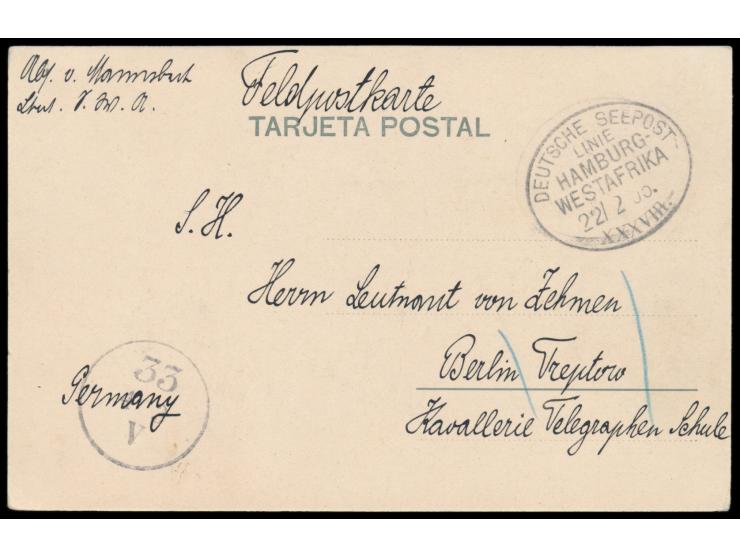 Lot von 8  Feldpostbelegen  mit Stempel Deutsche Seepost  Linie Hamburg Westafrika , verschiedene Nummern: XX (7.9.05), XXII 