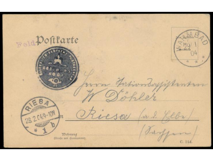 Bondelzwarts-Aufstand,  Behelfs-Feldpostkarte mit Gummistempel "Feld" (größerer Typ) und Dienstsiegel KDPAg Keetmanshoop, ges