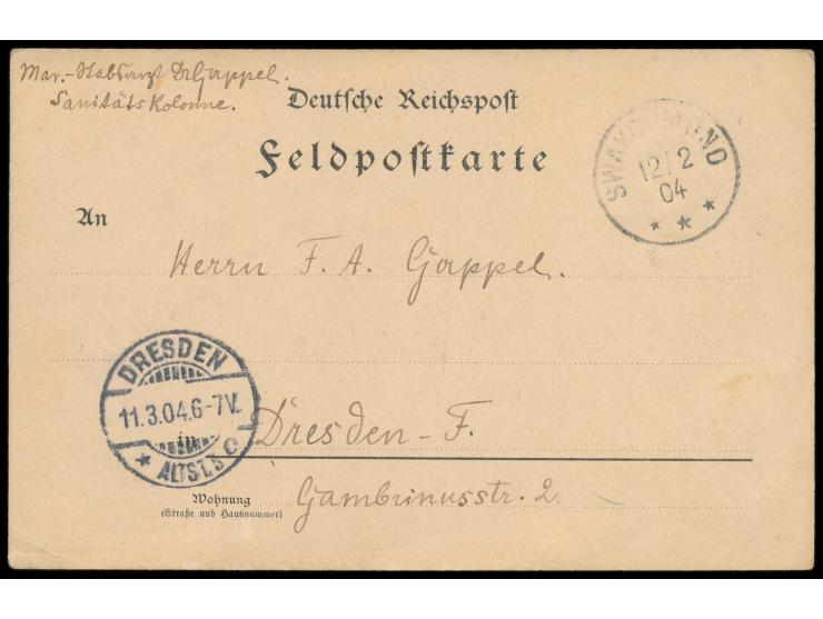 Stempel  Swakopmund  12.2.04 auf  Feldpost-Vordruckkarte  nach Dresden, geschrieben bereits am 9.2.1904, bisher früheste beka