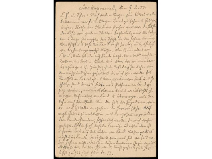 Stempel  Swakopmund  12.2.04 auf  Feldpost-Vordruckkarte  nach Dresden, geschrieben bereits am 9.2.1904, bisher früheste beka