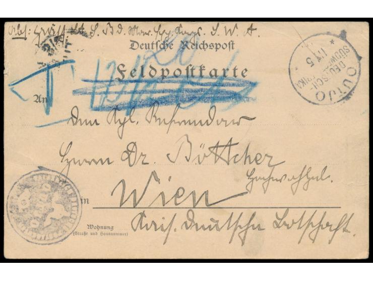 Feldpost-Vordruckkarte (Vogenbeck FPK 16) mit Stempel  Outjo  11.5.04 und negativ-Dienstsiegel  Kaiserlich Deutsche Postagent